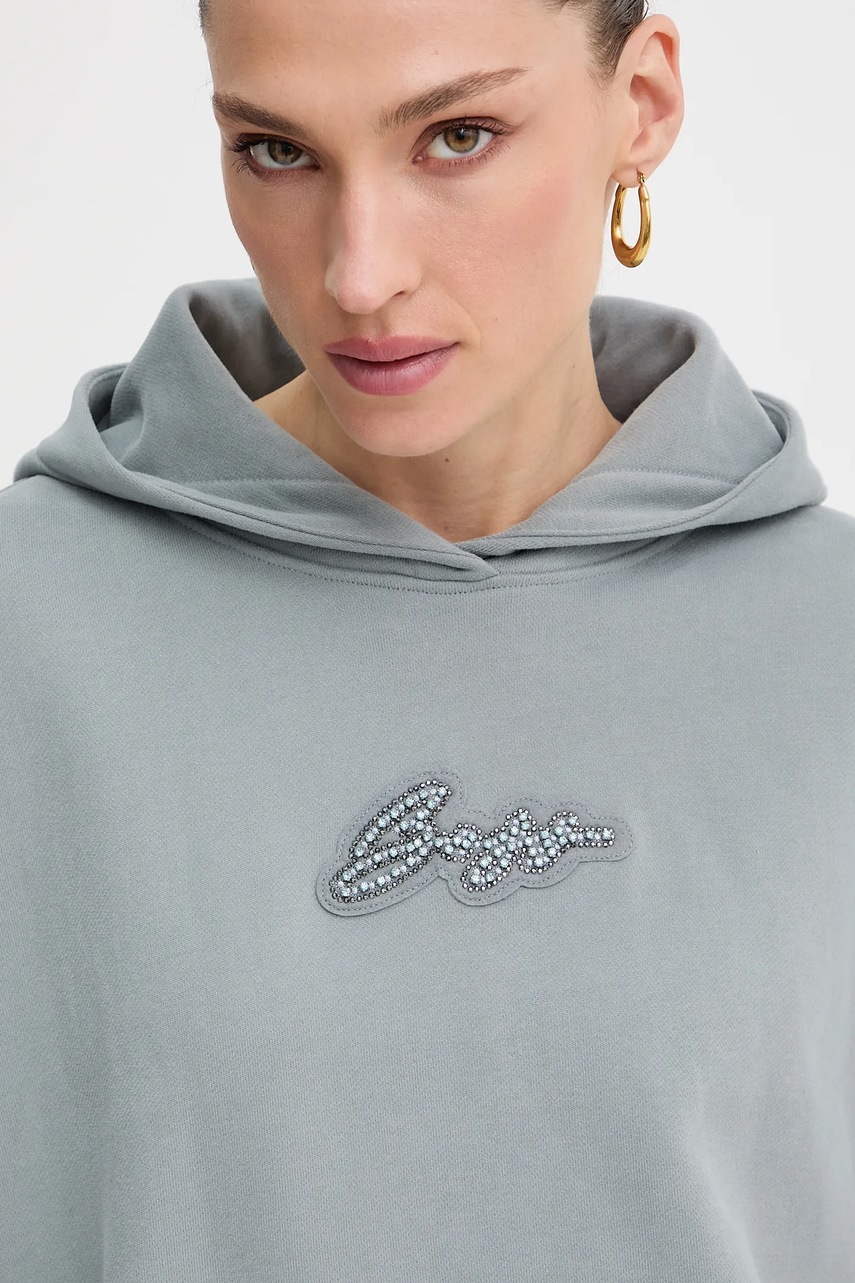 Βαμβακερή μπλούζα BOSS Orange γυναικεία, χρώμα: γκρι, με κουκούλα, 50545507 φωτογραφία