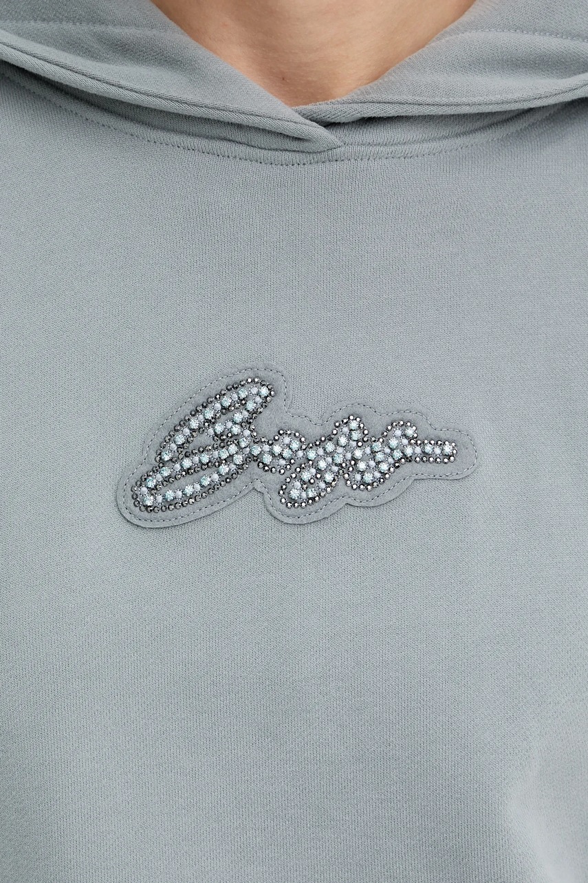 Βαμβακερή μπλούζα BOSS Orange γυναικεία, χρώμα: γκρι, με κουκούλα, 50545507 φωτογραφία