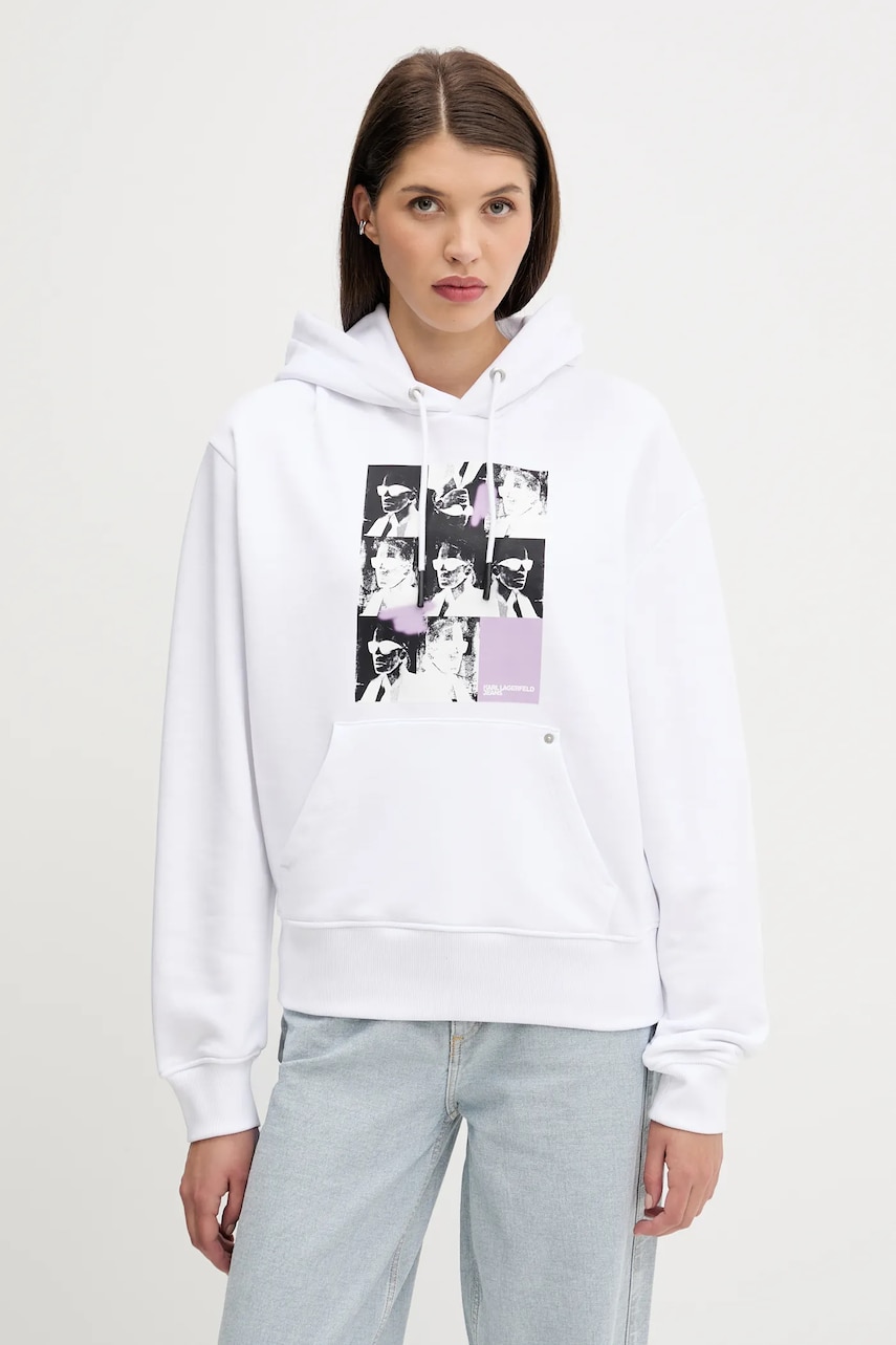 Karl Lagerfeld Jeans hanorac de bumbac culoarea alb, cu glugă, cu imprimeu, A3W20042