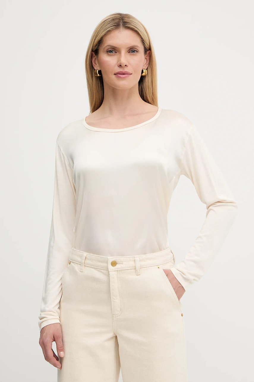 BOSS Green bluză din amestec de mătase culoarea bej, uni, 50541888