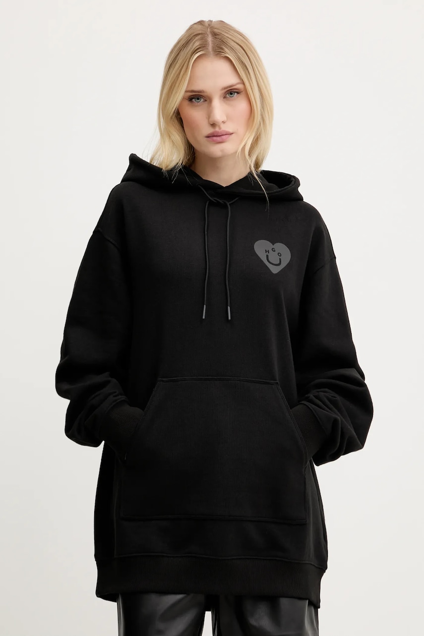 Hugo Blue hanorac de bumbac culoarea negru, cu glugă, cu imprimeu, 50545030