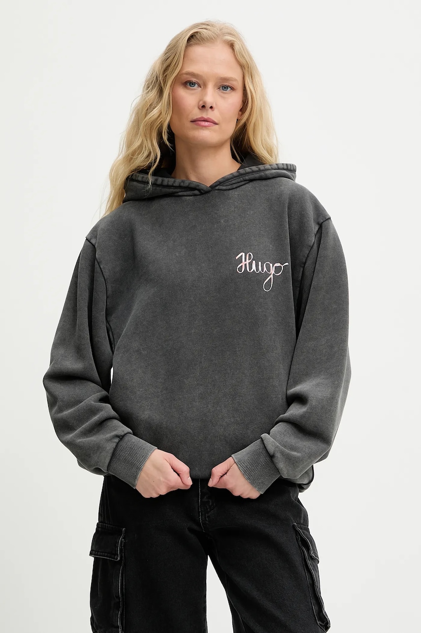HUGO hanorac de bumbac culoarea gri, cu glugă, cu imprimeu, 50544870