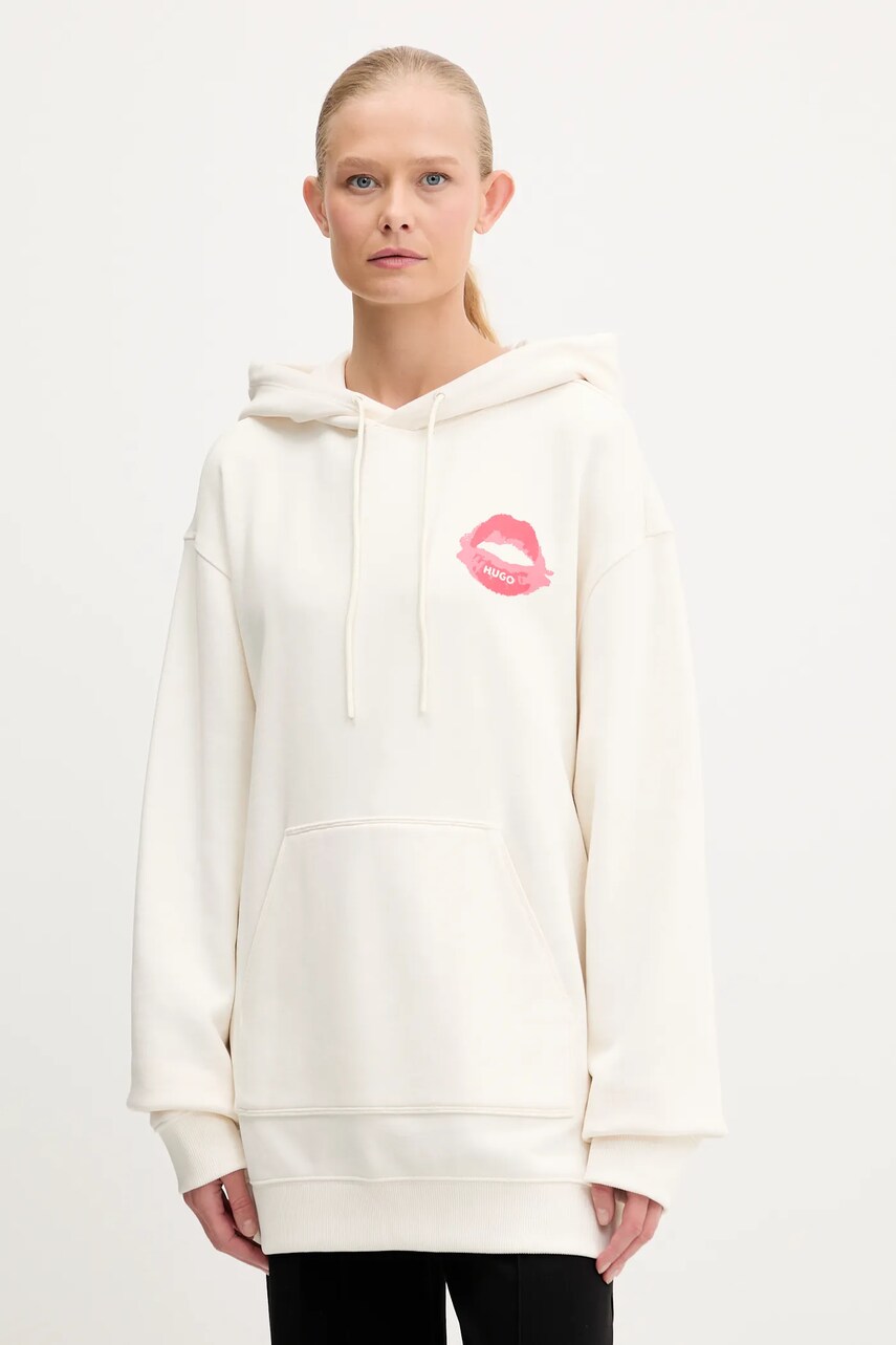 HUGO hanorac de bumbac culoarea bej, cu glugă, cu imprimeu, 50545201