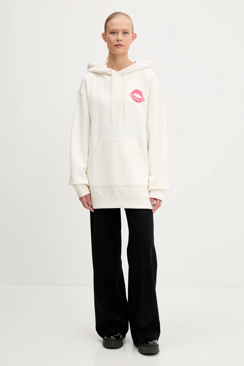 Хлопковая кофта HUGO цвет бежевый с капюшоном с принтом 50545201