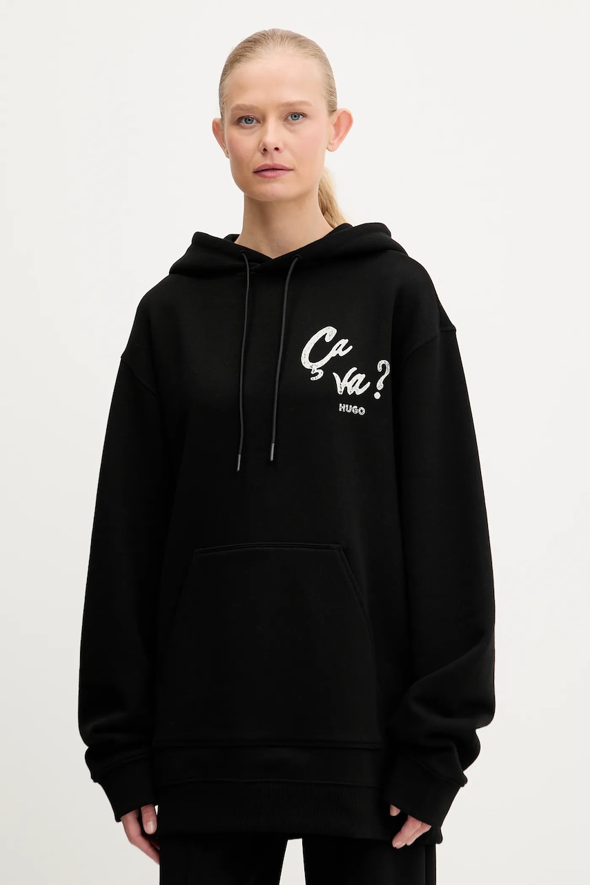 HUGO hanorac de bumbac culoarea negru, cu glugă, cu imprimeu, 50545201
