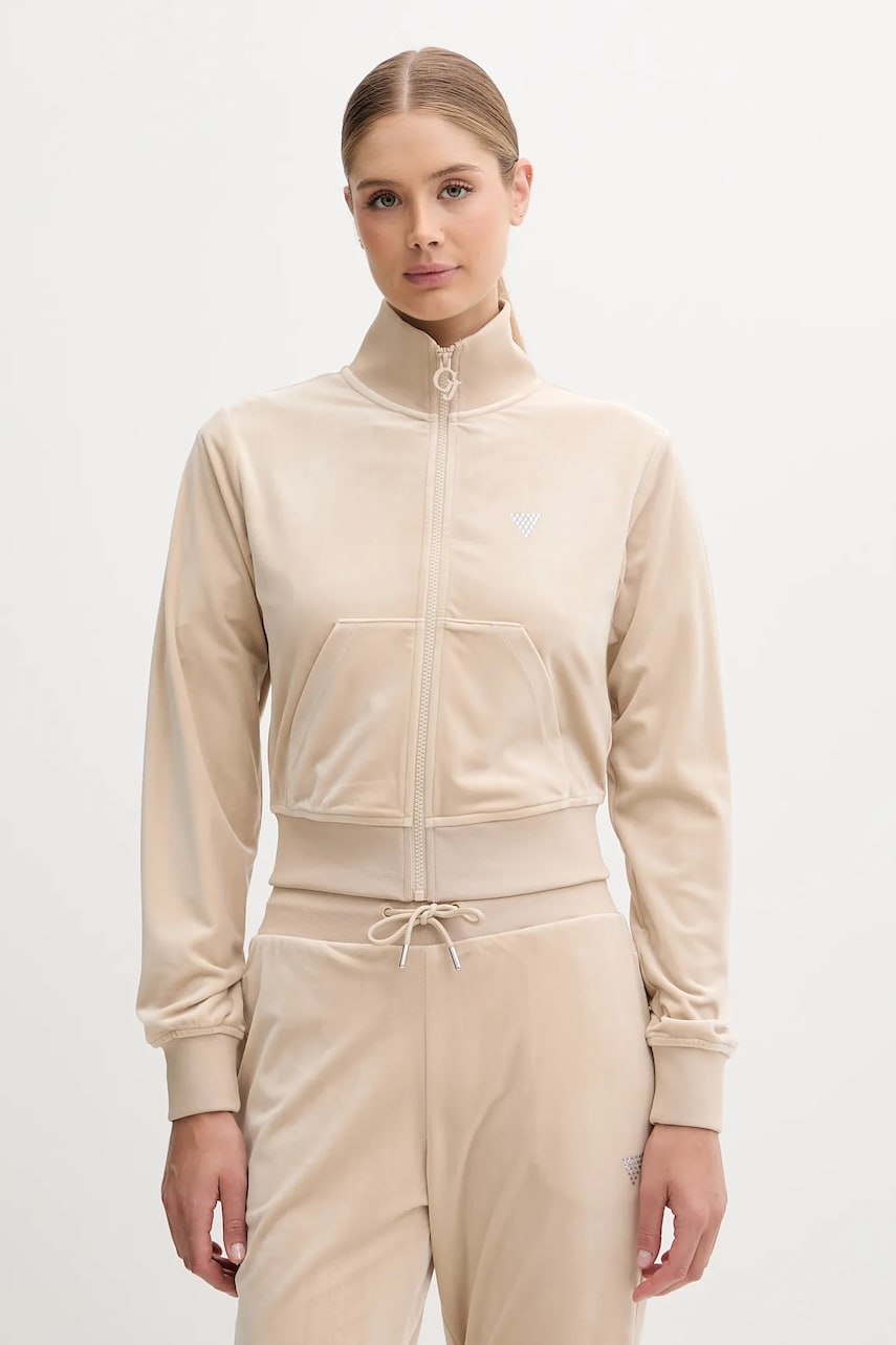 Levně Velurová mikina Guess COUTURE dámská, béžová barva, hladká, V3BQ22 K0232