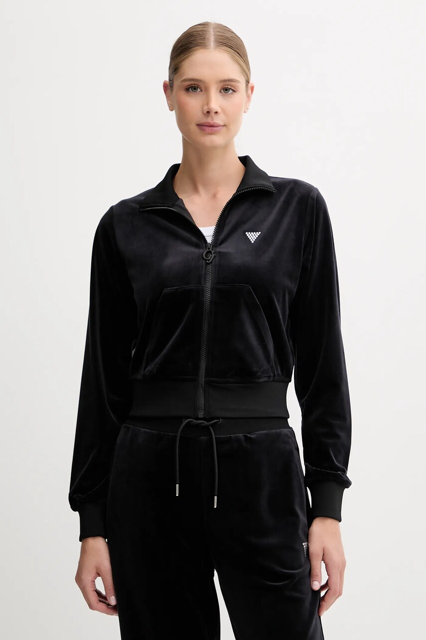 Levně Velurová mikina Guess COUTURE dámská, černá barva, hladká, V3BQ22 K0232