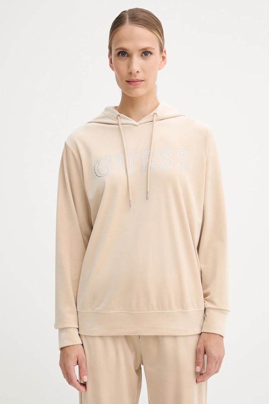 Levně Mikina Guess COUTURE dámská, béžová barva, s kapucí, s aplikací, V4RQ25 K0232