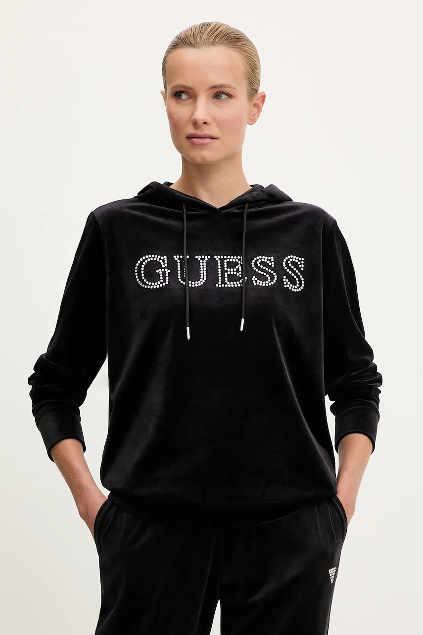 Levně Mikina Guess COUTURE dámská, černá barva, s kapucí, s aplikací, V4RQ25 K0232
