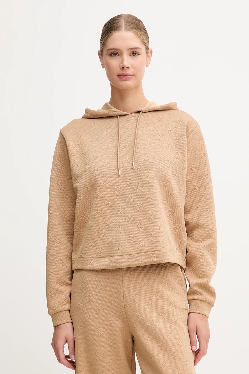 Levně Mikina Guess PEONY dámská, béžová barva, s kapucí, hladká, V5YQ04 KBSL2