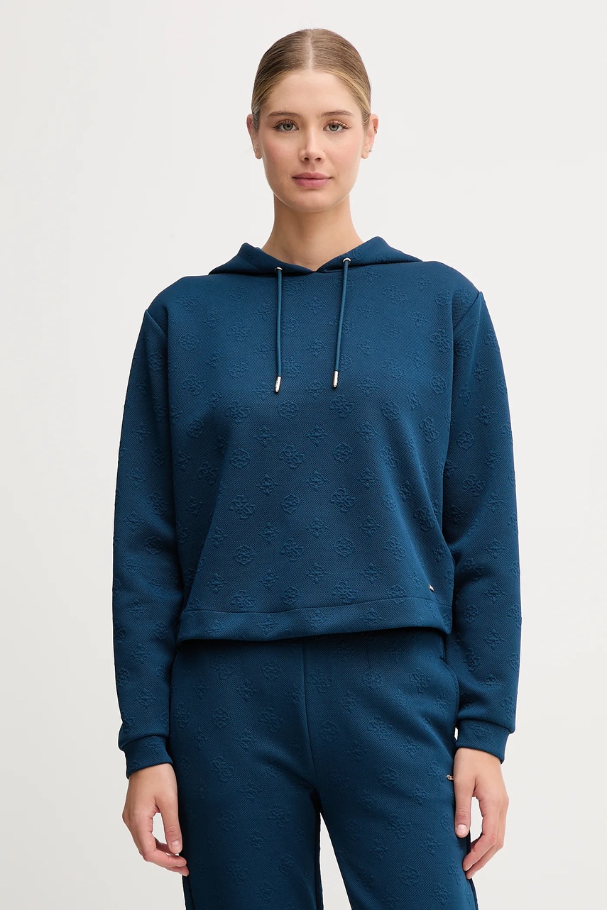 Levně Mikina Guess PEONY dámská, modrá barva, s kapucí, hladká, V5YQ04 KBSL2