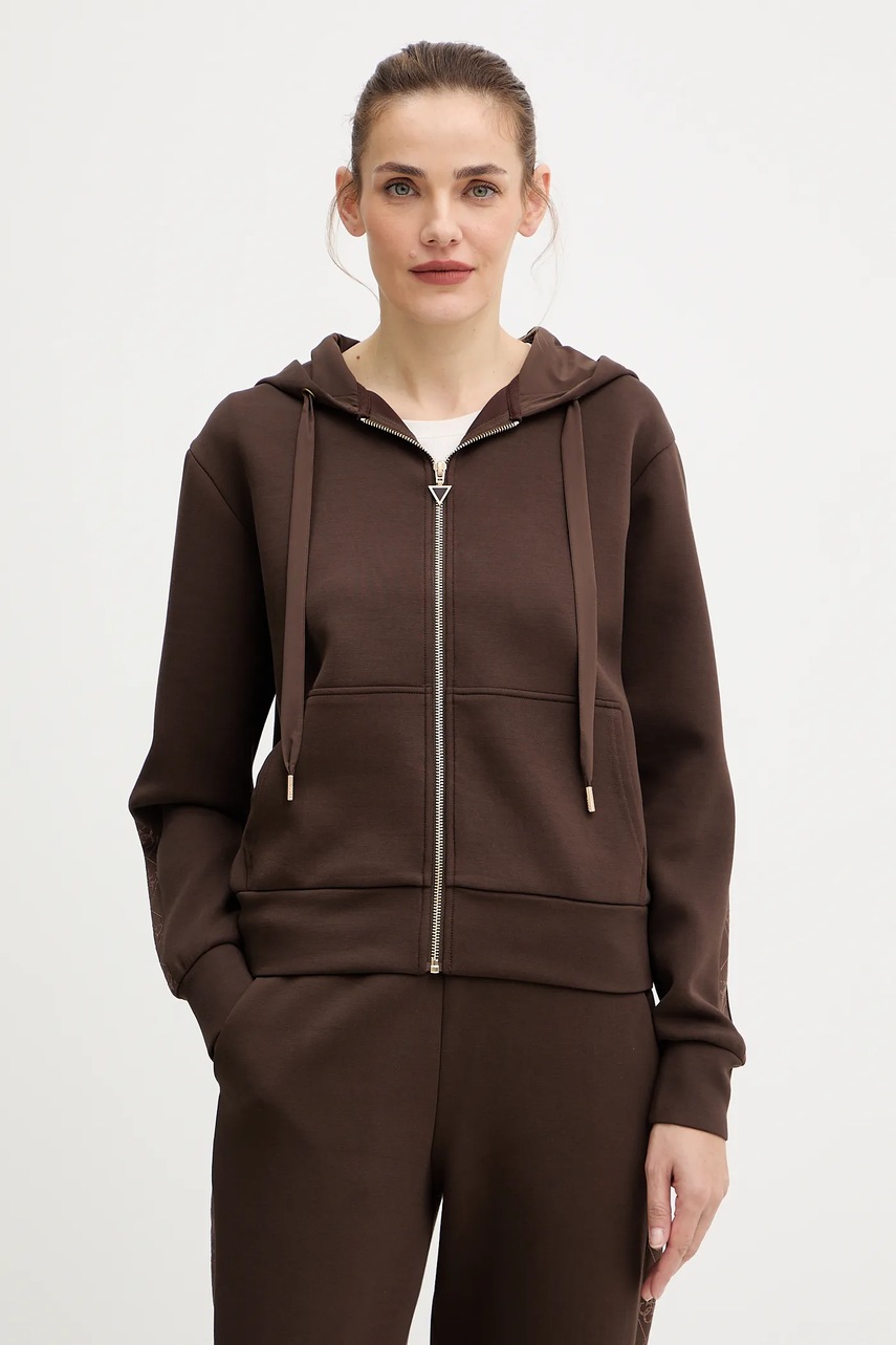 Levně Mikina Guess dámská, hnědá barva, s kapucí, s aplikací, W5YQ05 KBYE2