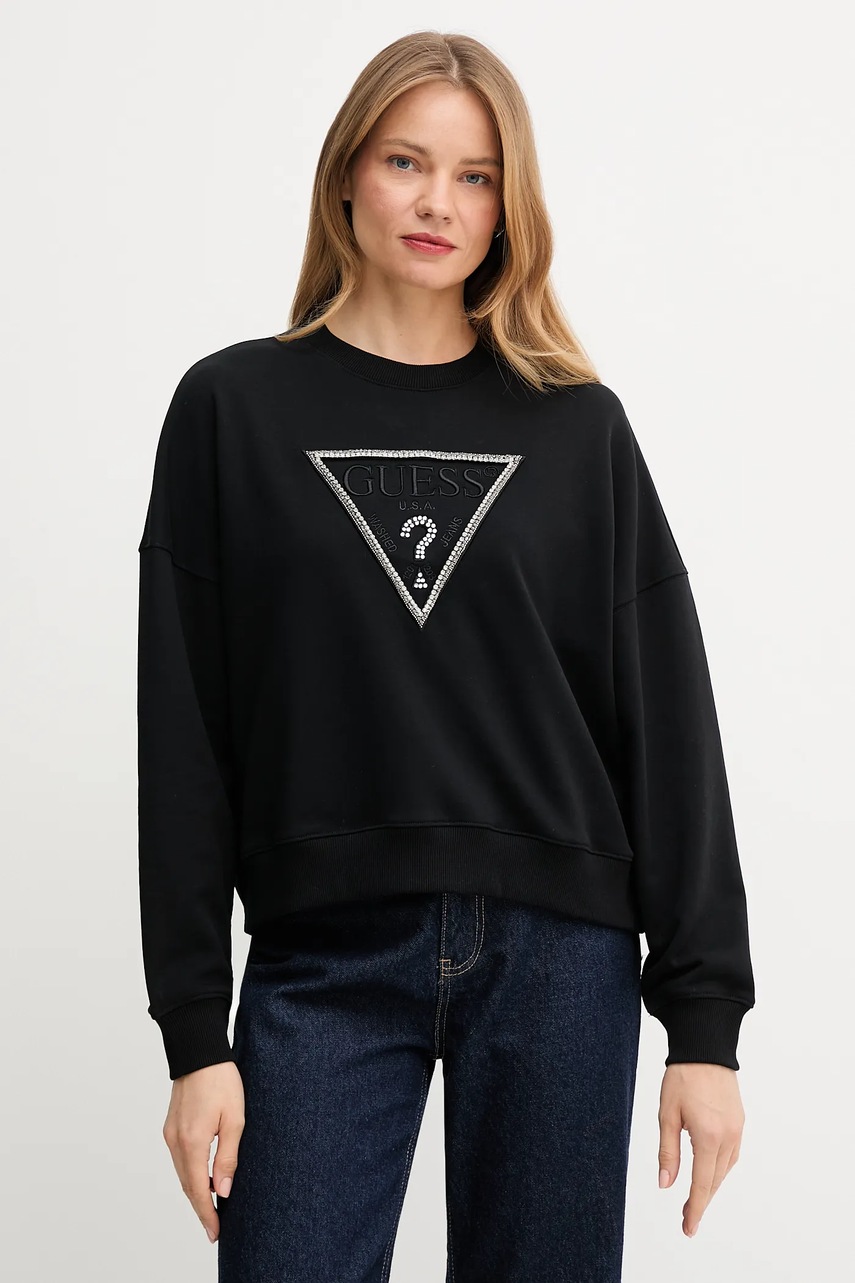 Levně Bavlněná mikina Guess RACHELE dámská, černá barva, s aplikací, W5YQ04 KC8I0