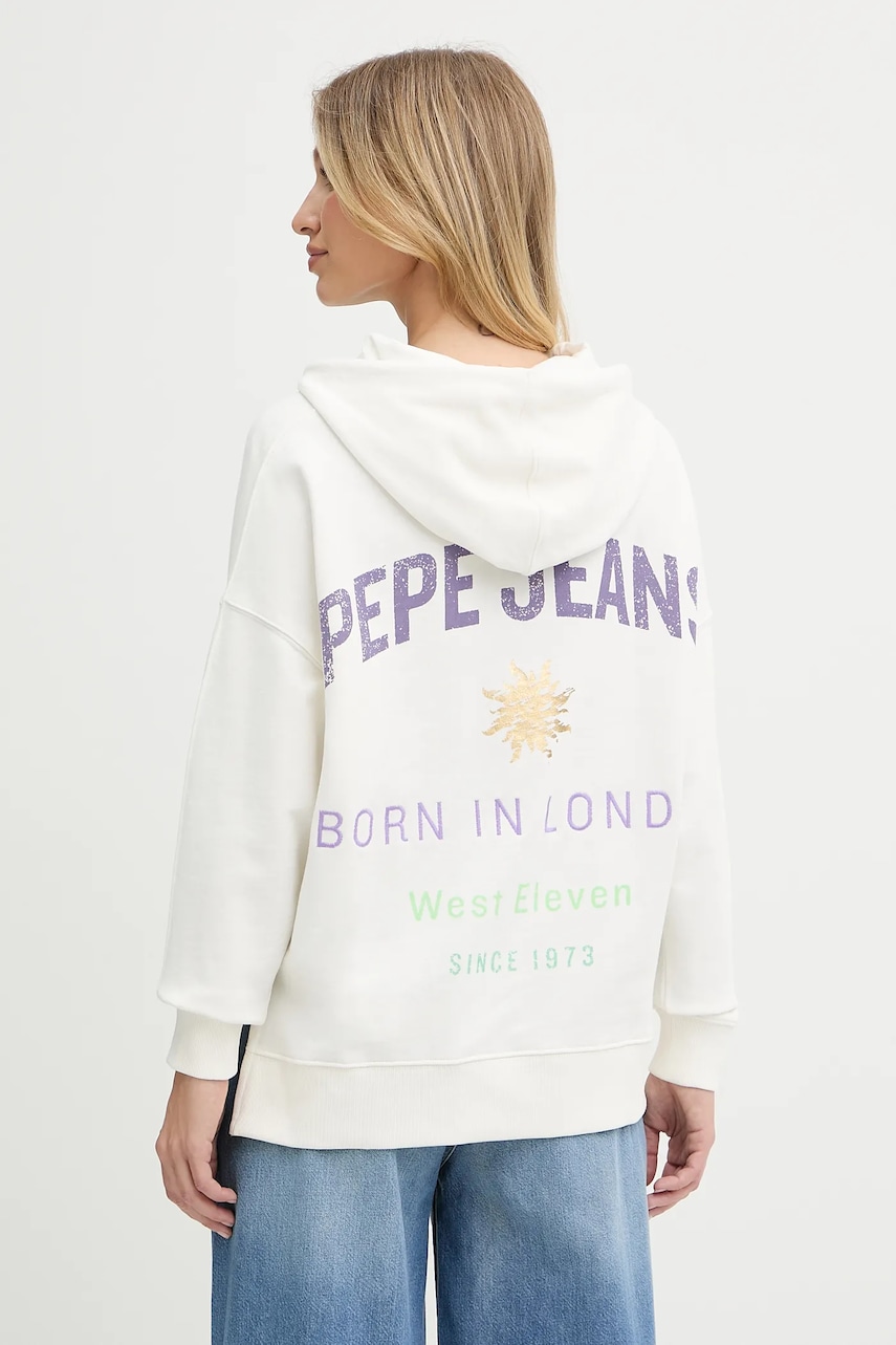 Pepe Jeans bluză culoarea alb, cu glugă, cu imprimeu, PL581526