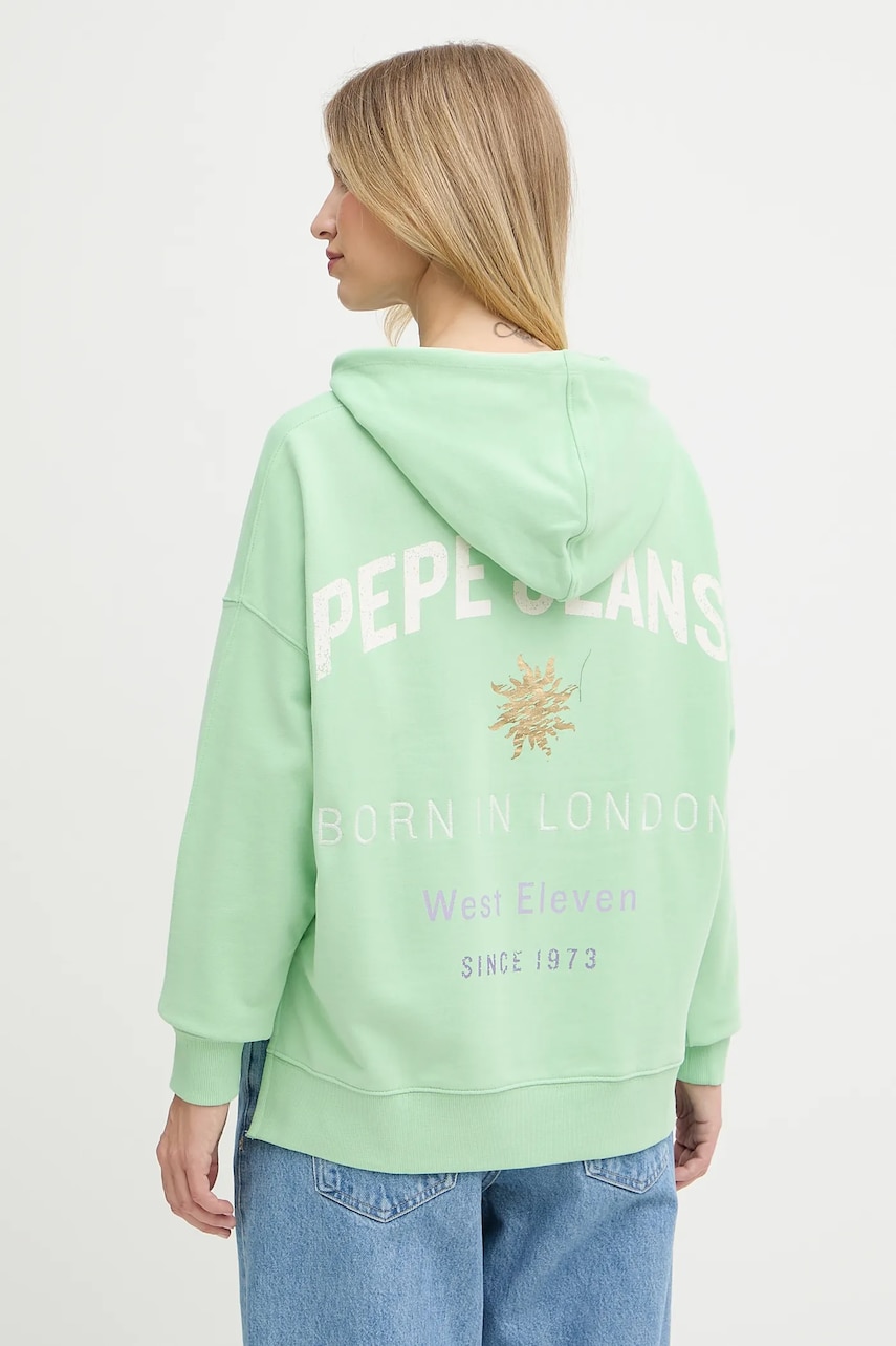 Pepe Jeans bluză culoarea verde, cu glugă, cu imprimeu, PL581526