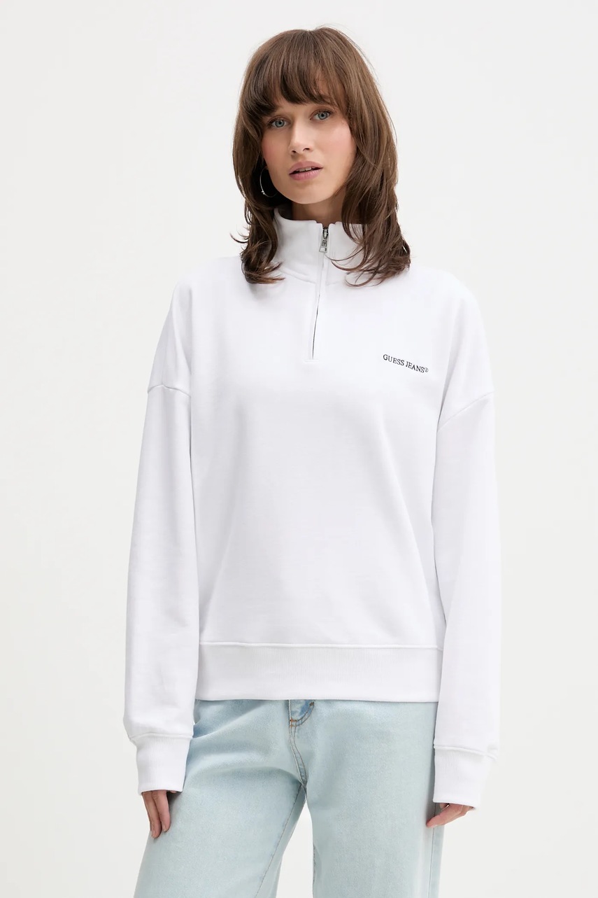 Levně Bavlněná mikina Guess Jeans dámská, bílá barva, hladká, W5YQ09 K68I4
