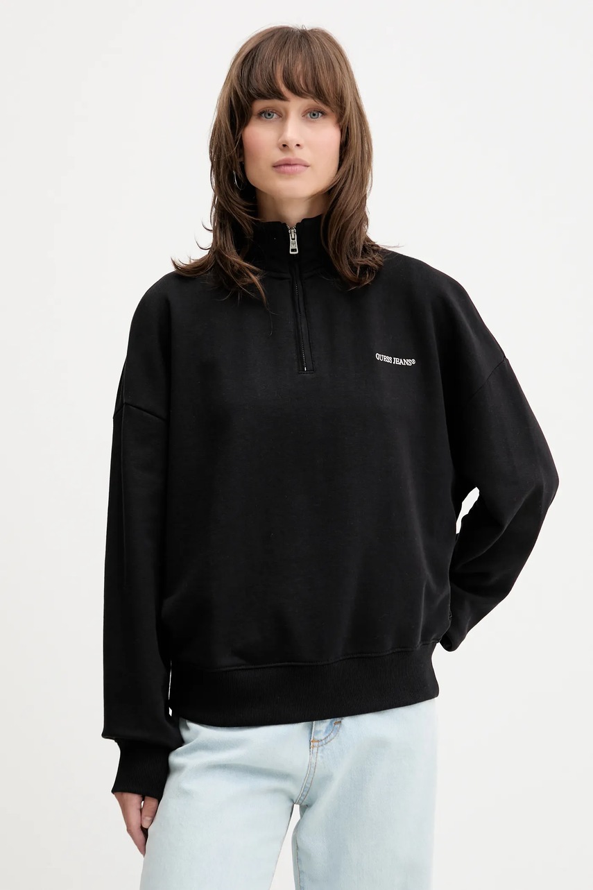 Levně Bavlněná mikina Guess Jeans dámská, černá barva, hladká, W5YQ09 K68I4