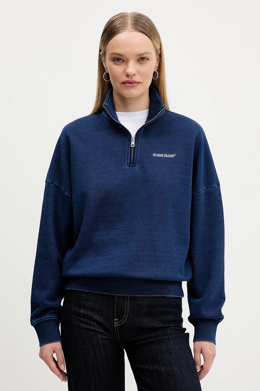 Levně Bavlněná mikina Guess Jeans dámská, tmavomodrá barva, hladká, W5YQ10 KCXQ1