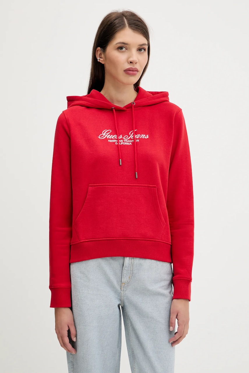 Levně Bavlněná mikina Guess Jeans dámská, červená barva, s kapucí, s aplikací, W5YQ13 K68I4