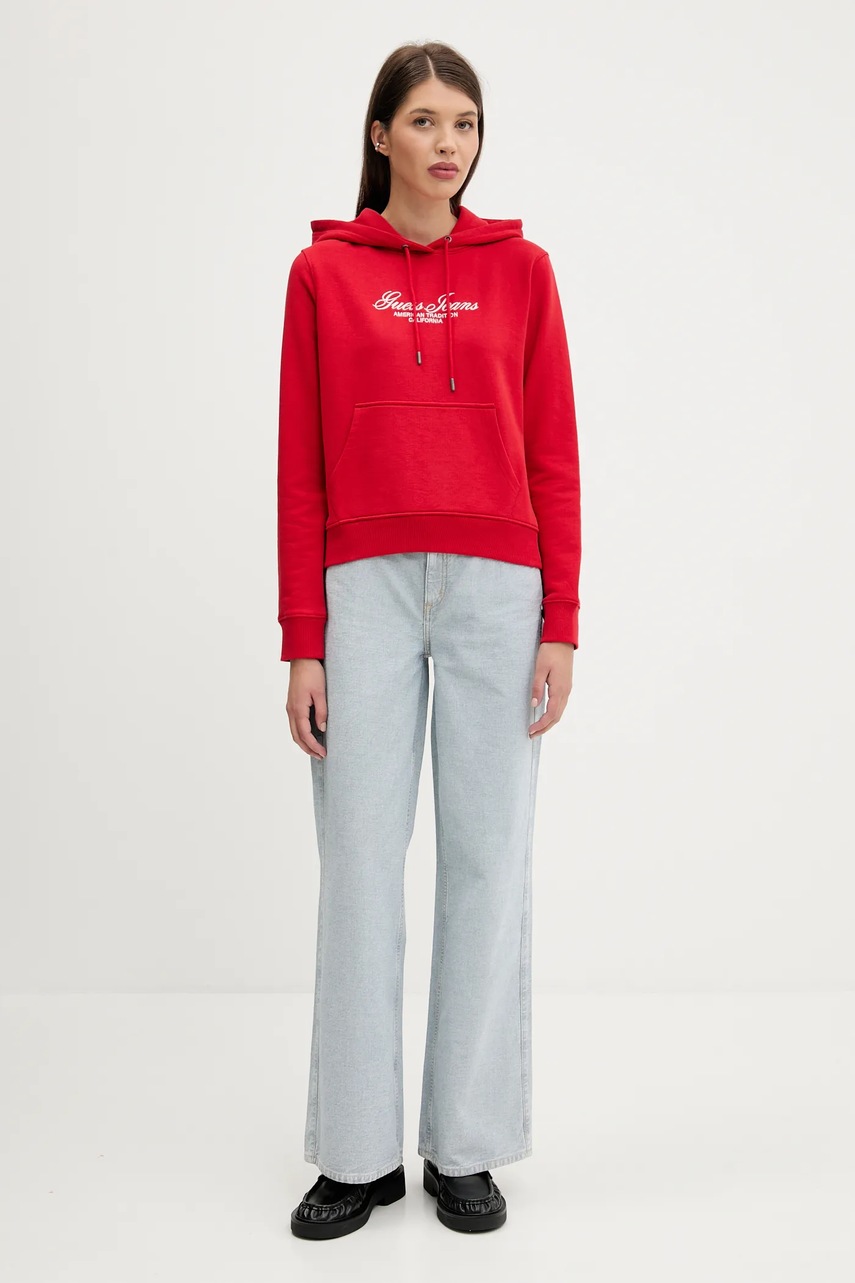 Хлопковая кофта Guess Jeans цвет красный с капюшоном с аппликацией W5YQ13 K68I4