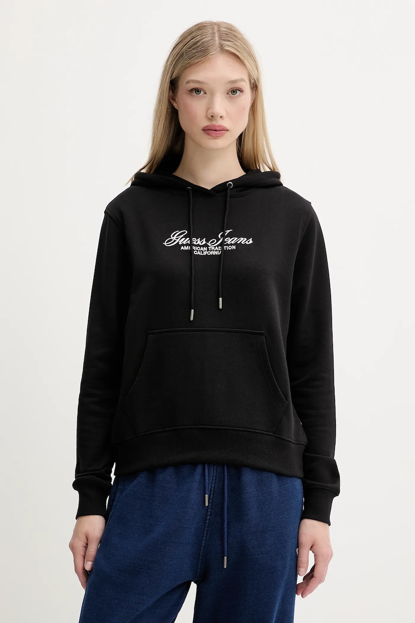 Levně Bavlněná mikina Guess Jeans dámská, černá barva, s kapucí, s aplikací, W5YQ13 K68I4