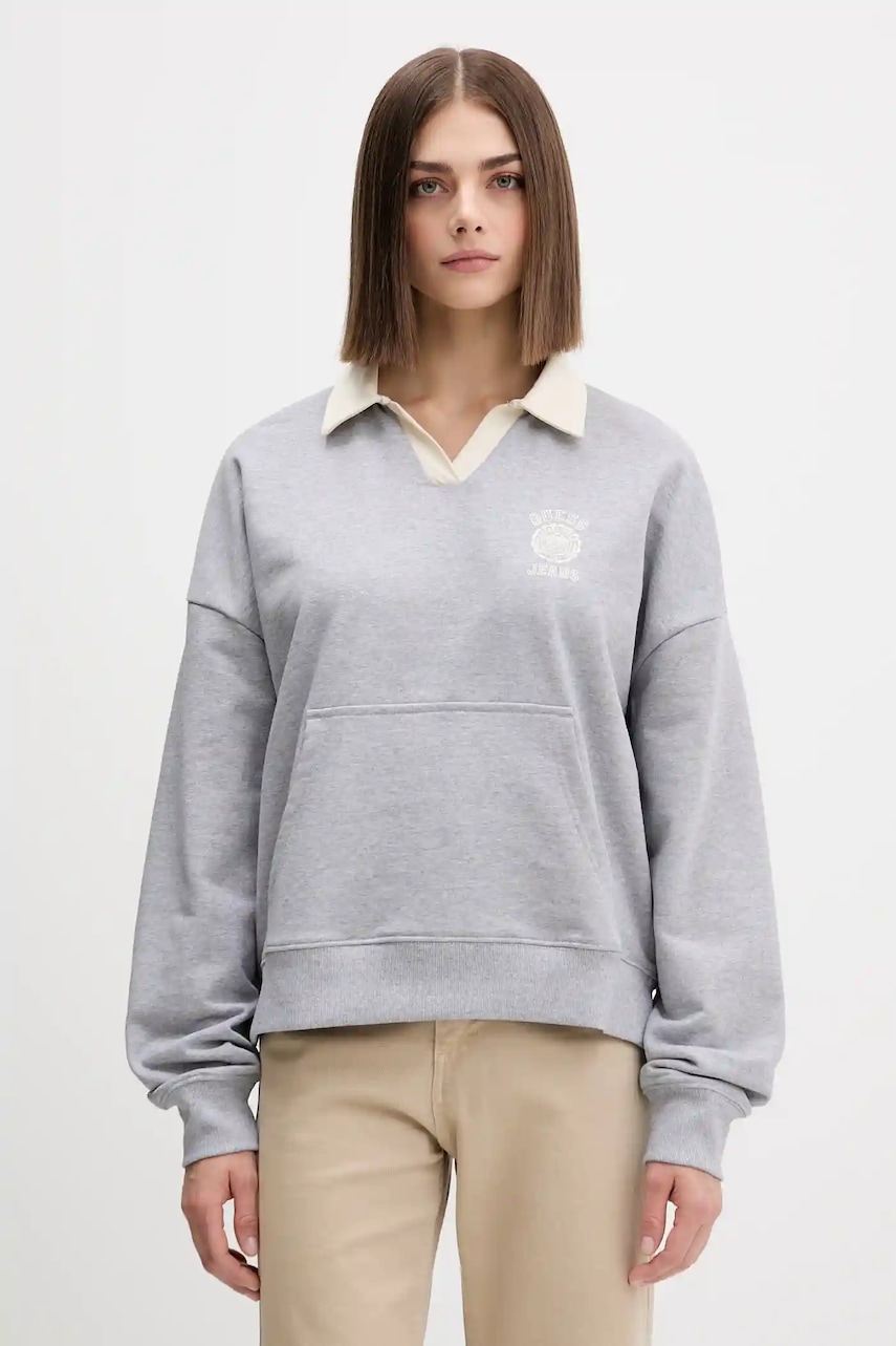 Levně Bavlněná mikina Guess Jeans dámská, šedá barva, s potiskem, W5YQ16 K68I4