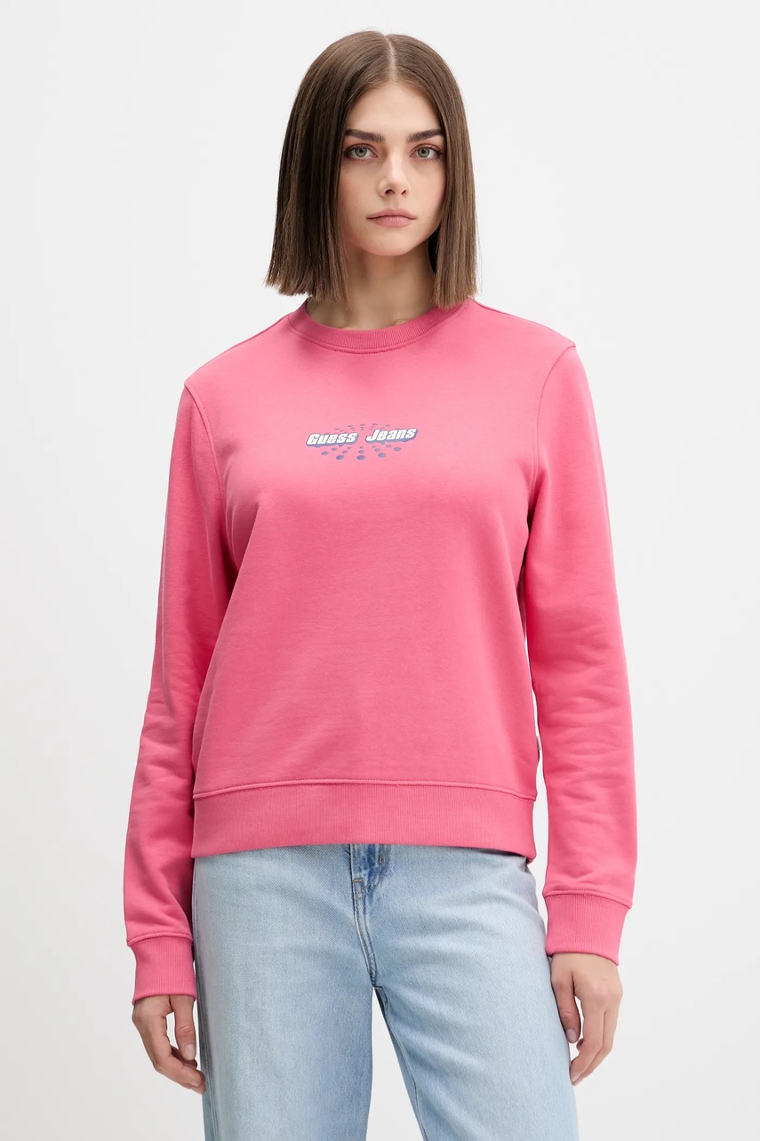 Levně Bavlněná mikina Guess Jeans dámská, růžová barva, s potiskem, W5YQ23 K68I4