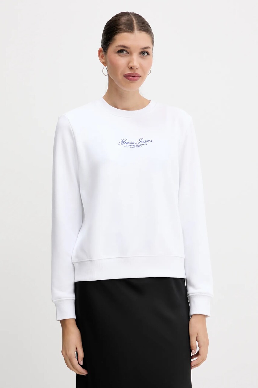 Levně Bavlněná mikina Guess Jeans dámská, bílá barva, s aplikací, W5YQ28 KCPR1