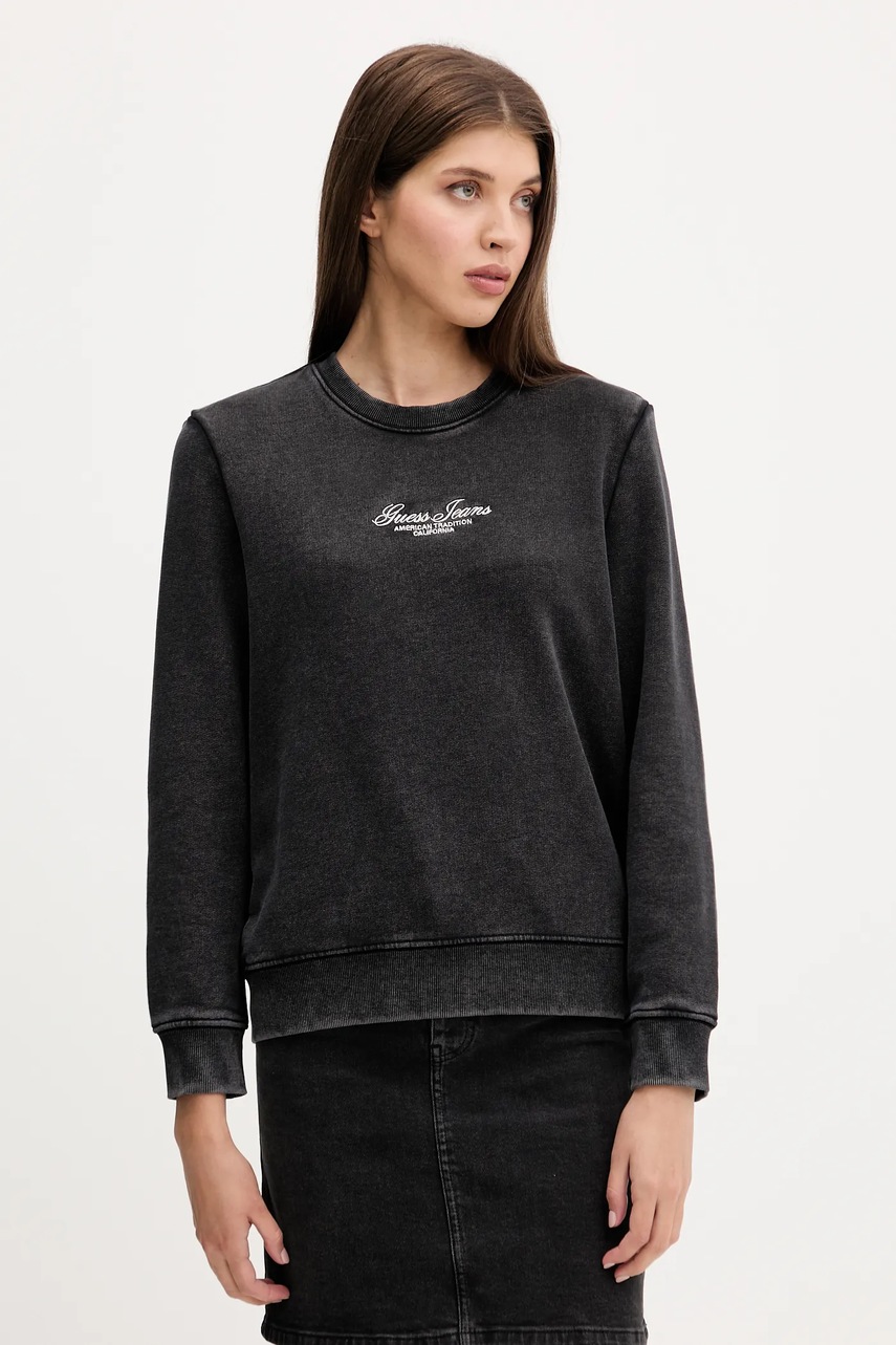 Levně Bavlněná mikina Guess Jeans dámská, černá barva, s aplikací, W5YQ28 KCPR1