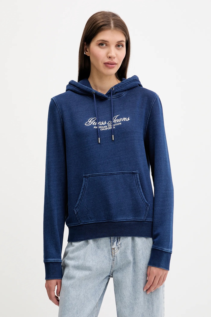 Levně Bavlněná mikina Guess Jeans dámská, tmavomodrá barva, s kapucí, s aplikací, W5YQ11 KCXQ1