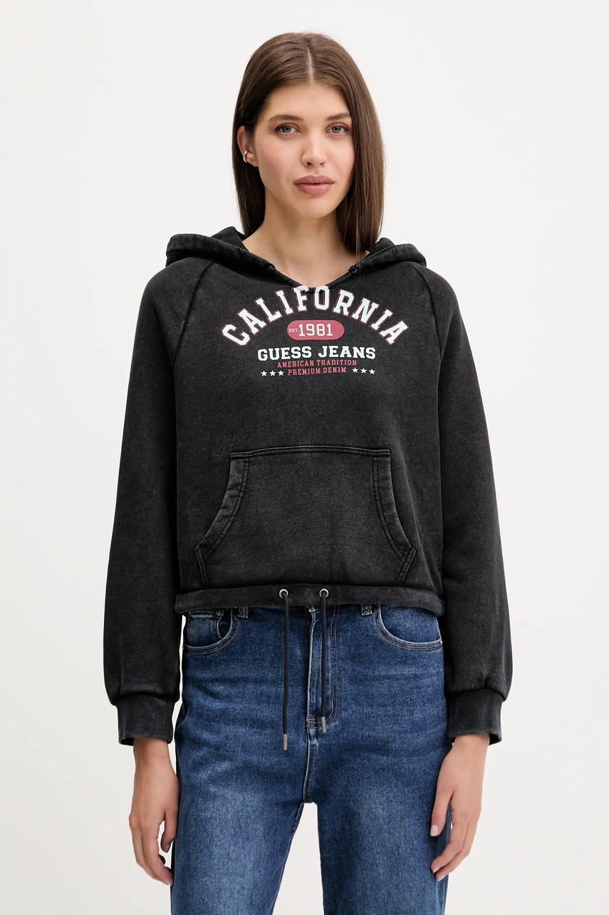 Levně Bavlněná mikina Guess Jeans dámská, černá barva, s kapucí, s potiskem, W5YQ14 KCPR1