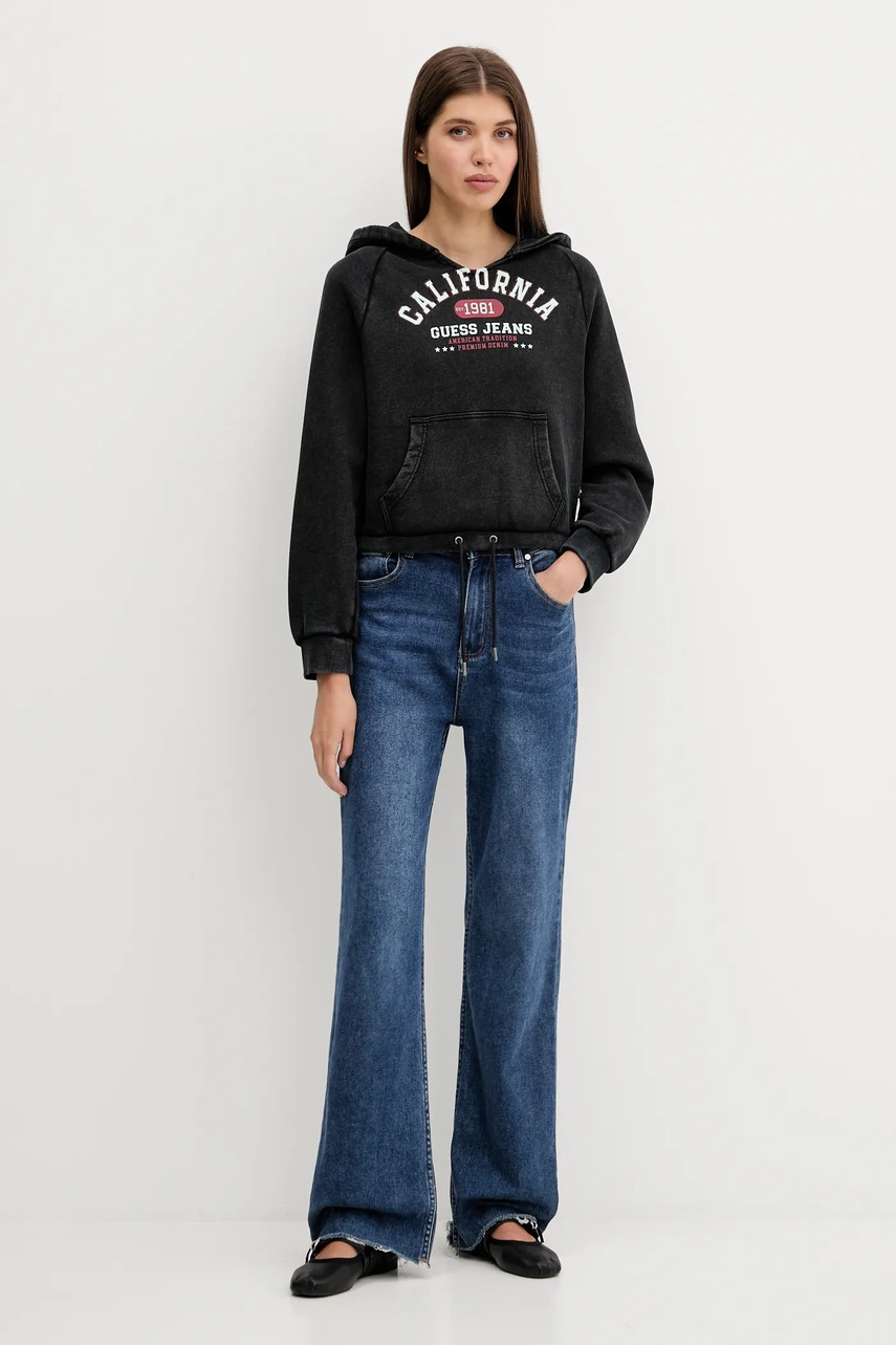 Хлопковая кофта Guess Jeans цвет чёрный с капюшоном с принтом W5YQ14 KCPR1