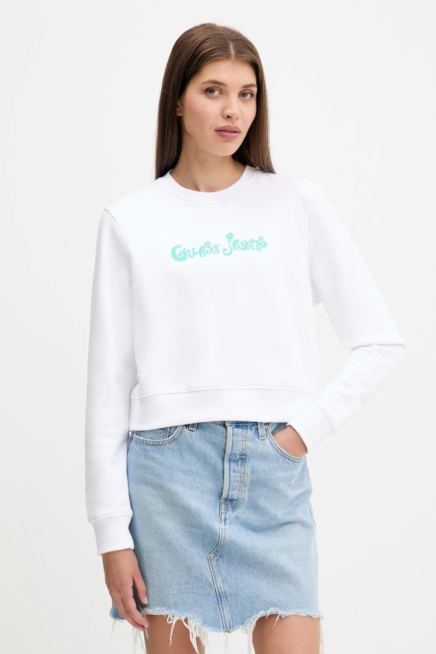 Levně Bavlněná mikina Guess Jeans dámská, bílá barva, s potiskem, W5YQ15 K68I4