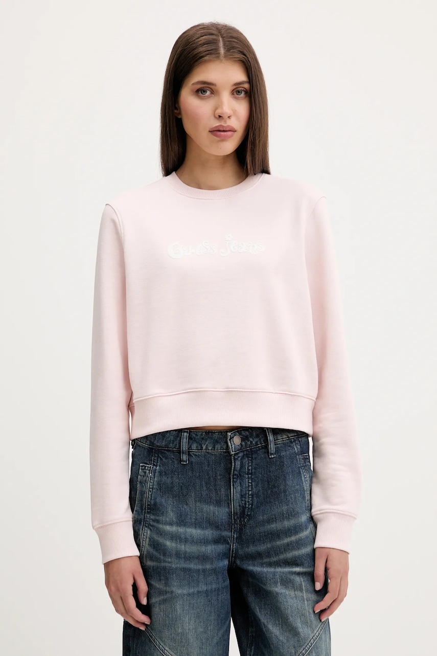 Levně Bavlněná mikina Guess Jeans dámská, růžová barva, s potiskem, W5YQ15 K68I4