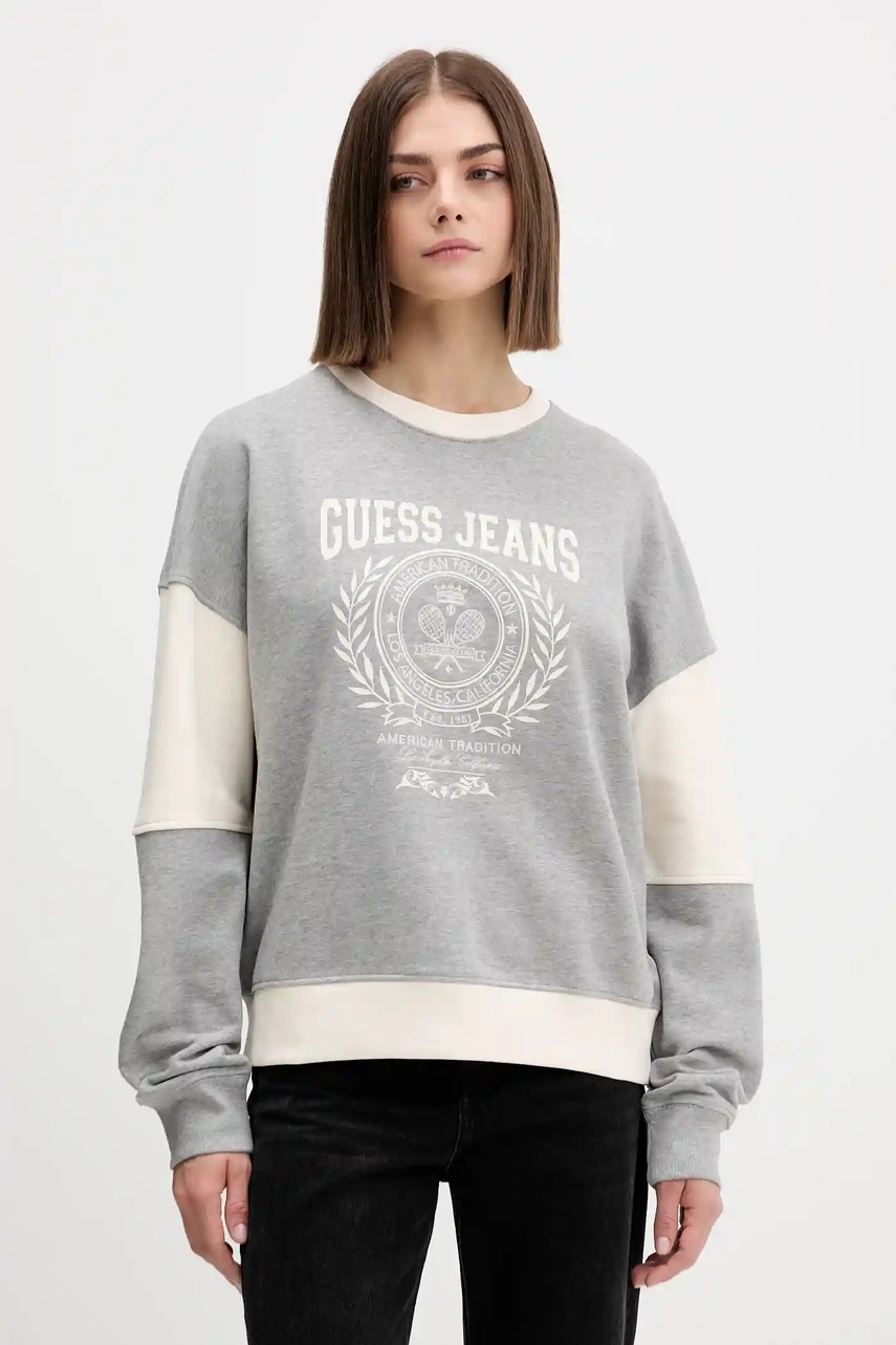 Levně Bavlněná mikina Guess Jeans dámská, šedá barva, s potiskem, W5YQ20 K68I4