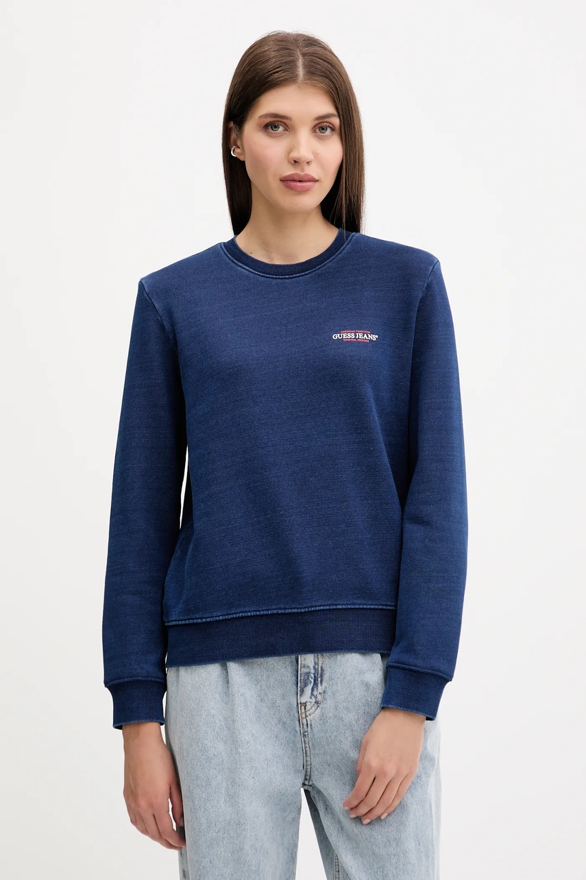 Levně Bavlněná mikina Guess Jeans dámská, tmavomodrá barva, s potiskem, W5YQ22 KCXQ1
