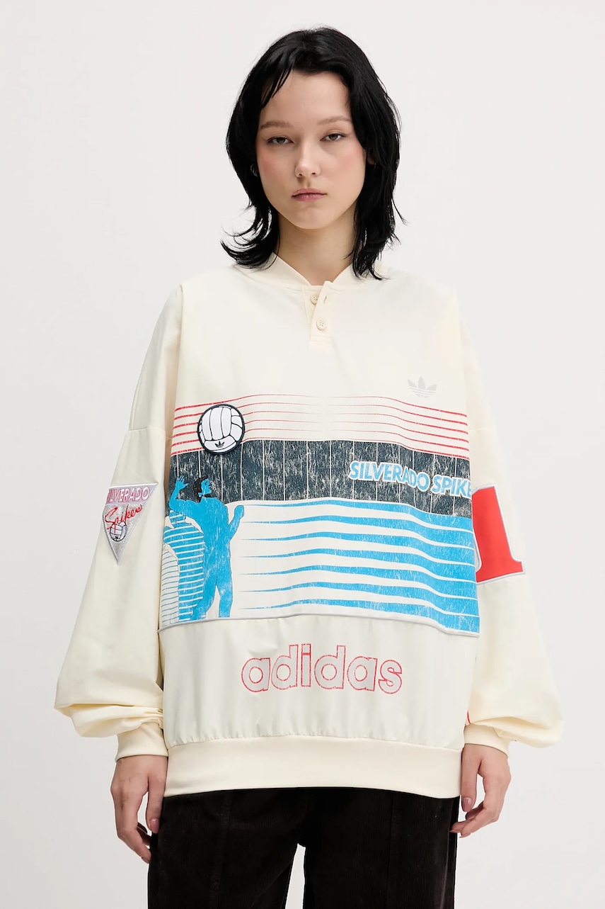 adidas Originals bluză Summersp Crew culoarea bej, cu glugă, cu imprimeu, JW0148