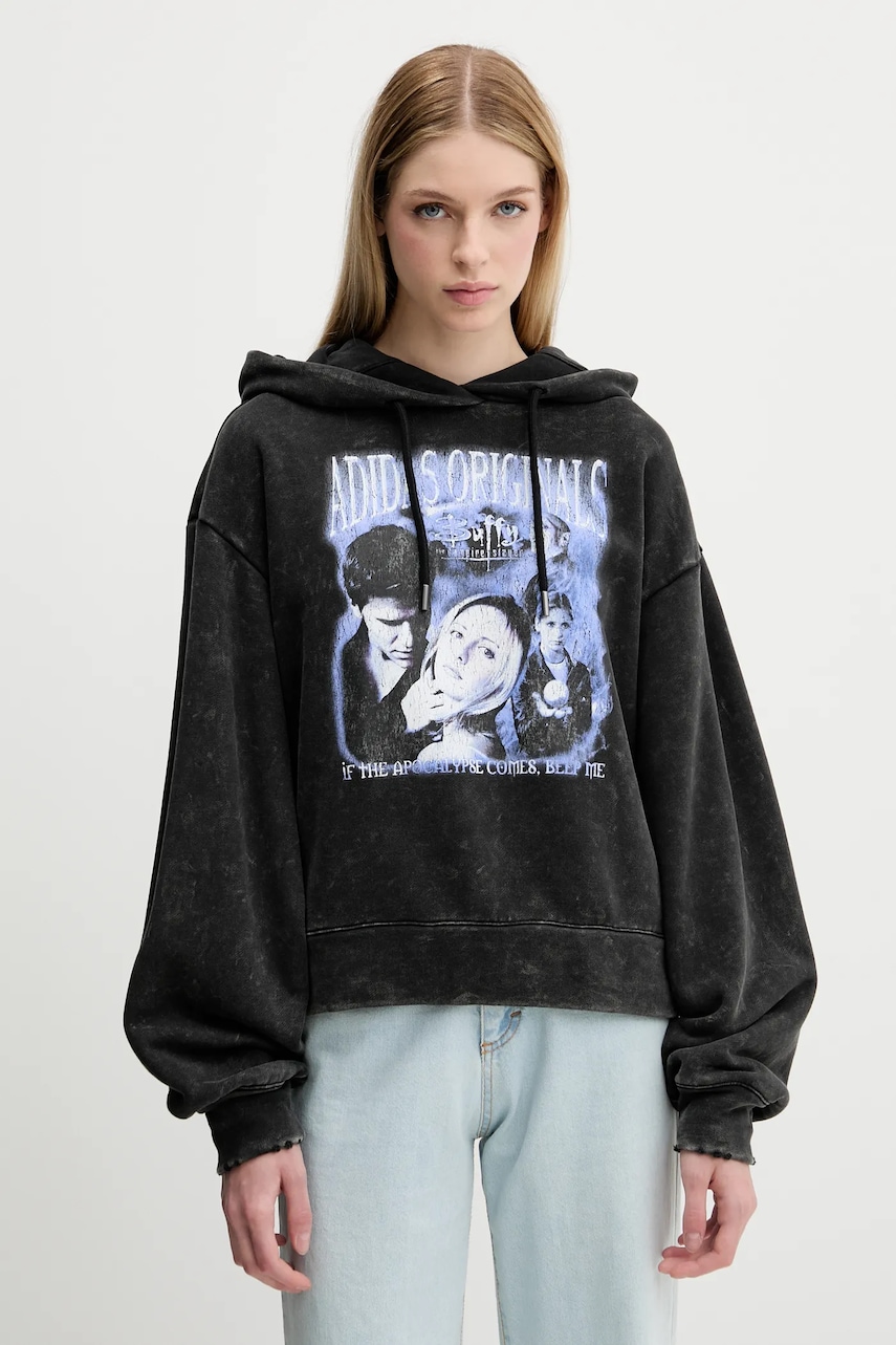 adidas Originals hanorac de bumbac Buffy Hoodie culoarea negru, cu glugă, cu imprimeu, JW0155