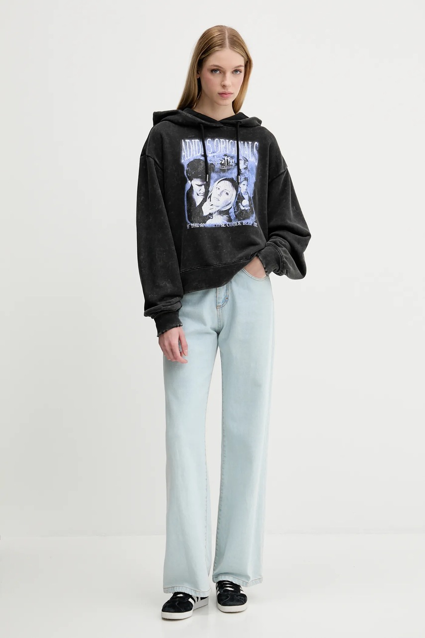 Хлопковая кофта adidas Originals Buffy Hoodie цвет чёрный с капюшоном с принтом JW0155