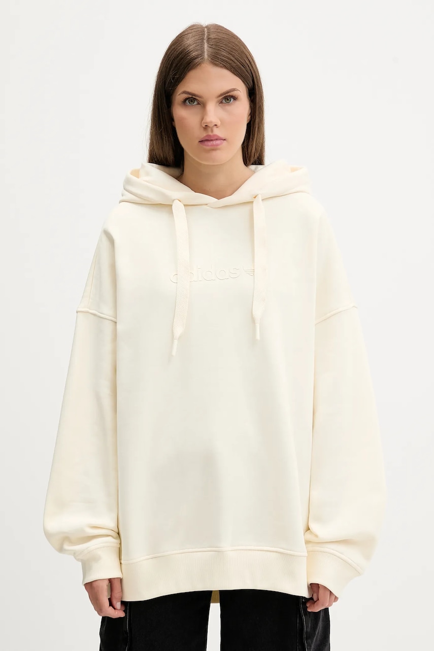 adidas Originals bluză Essentials culoarea bej, cu glugă, cu imprimeu, JX5495