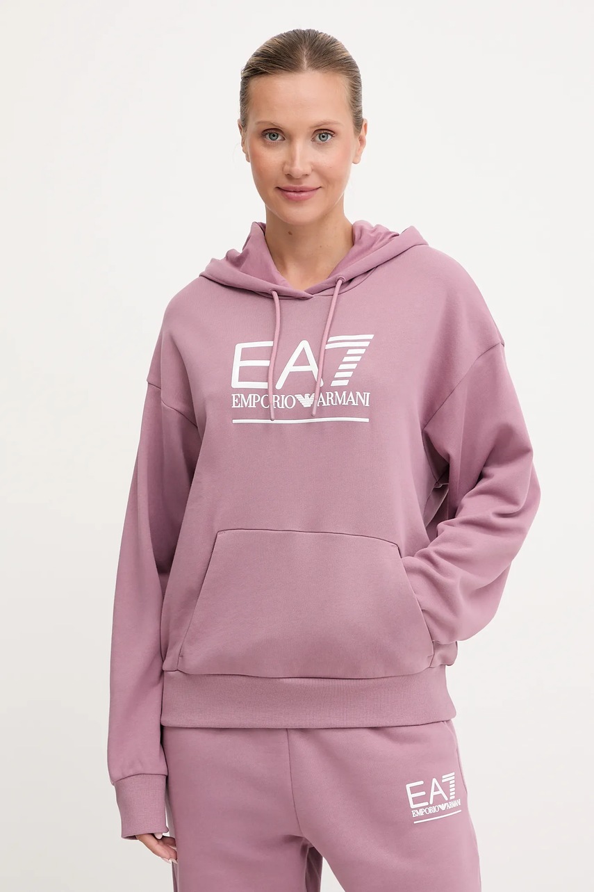 Levně Mikina EA7 Emporio Armani dámská, růžová barva, s kapucí, s aplikací, AF12473.7W000417