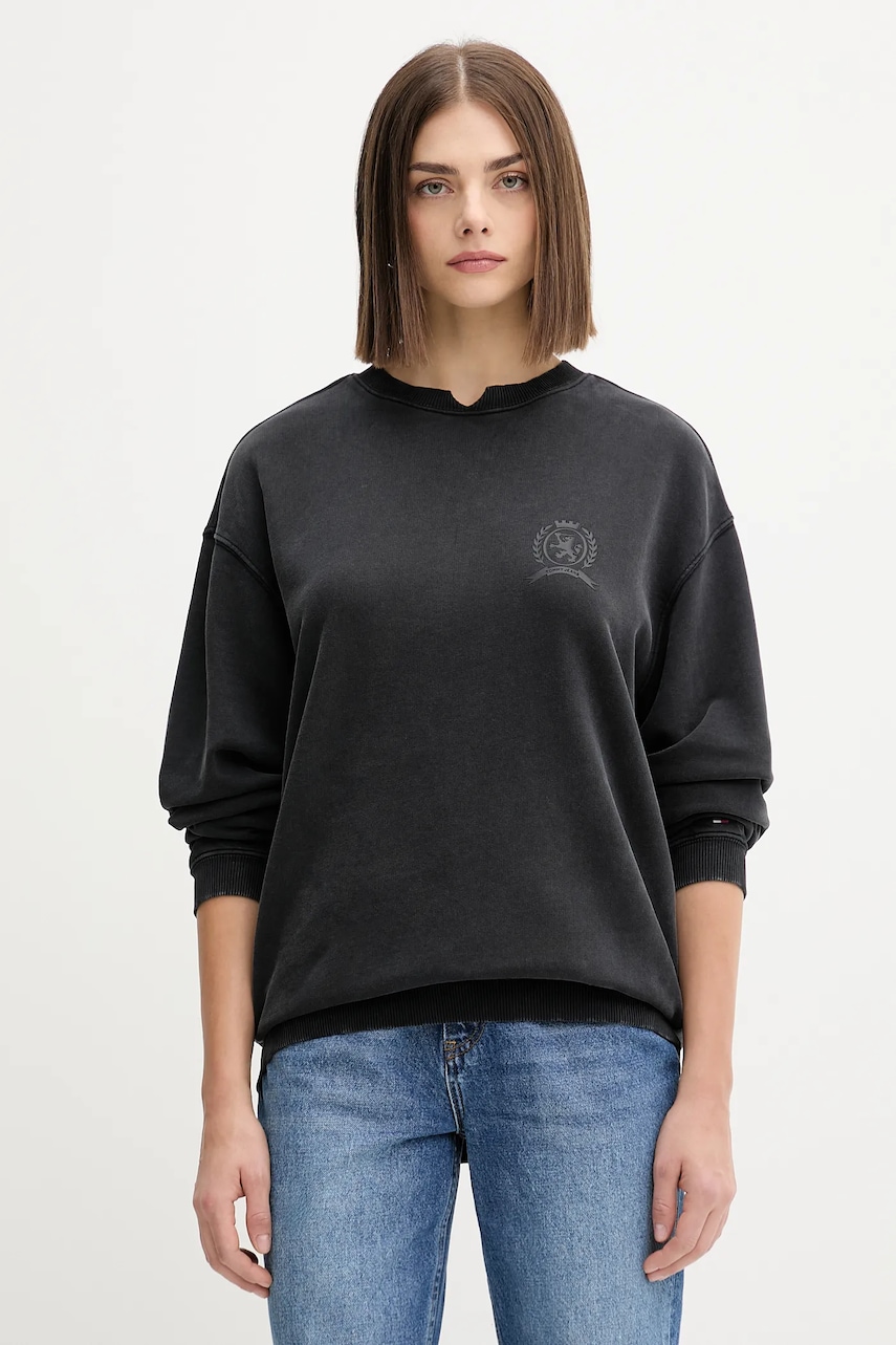 Levně Bavlněná mikina Tommy Jeans dámská, černá barva, s potiskem, DW0DW21586