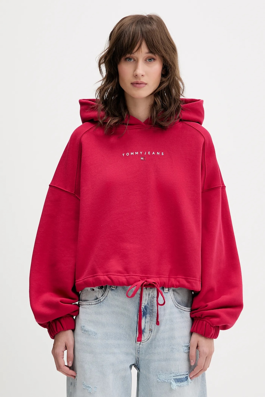 Tommy Jeans hanorac de bumbac culoarea roz, cu glugă, cu imprimeu, DW0DW21607