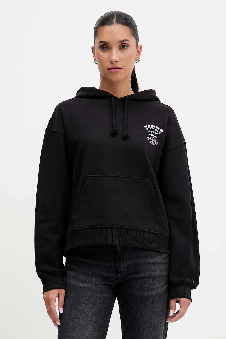 Tommy Jeans hanorac de bumbac culoarea negru, cu glugă, cu imprimeu, DW0DW21785