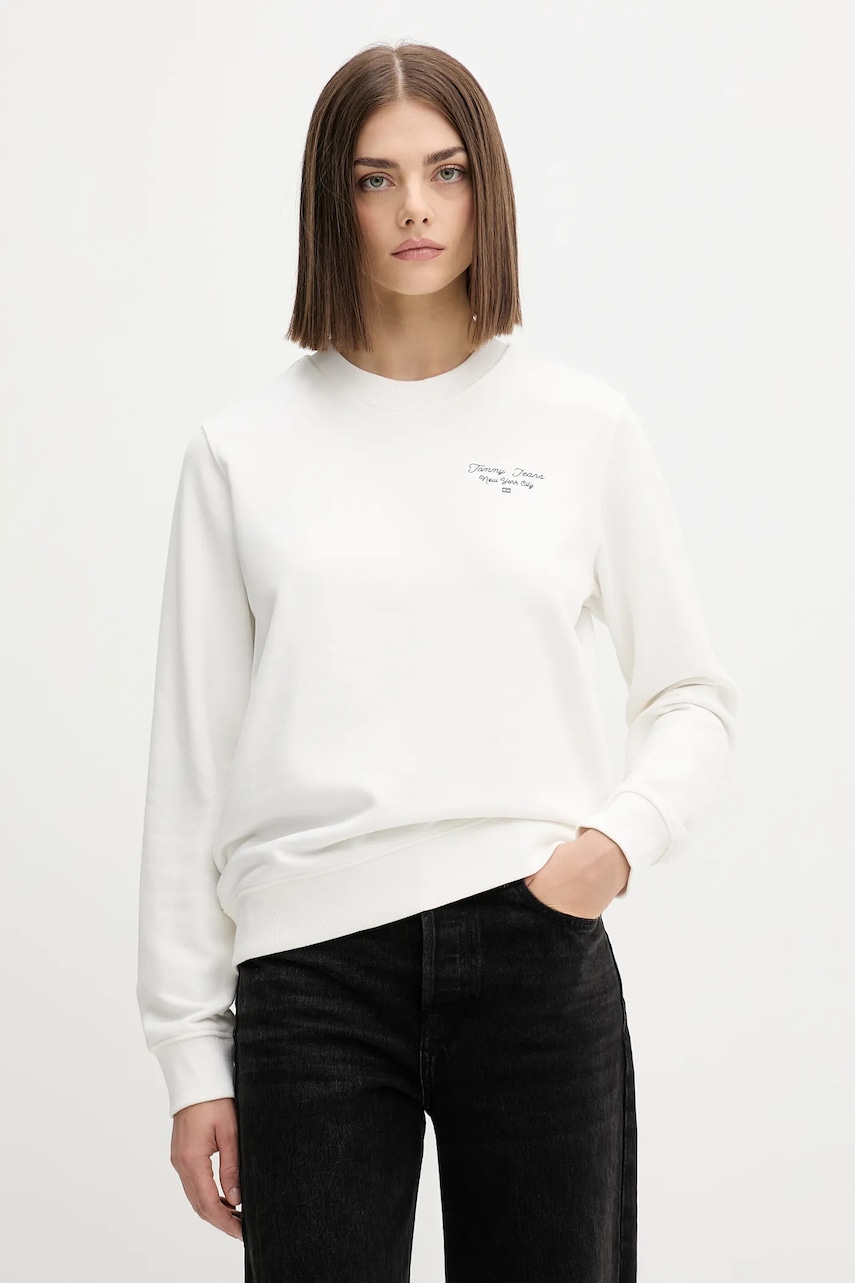Tommy Jeans hanorac de bumbac culoarea alb, cu imprimeu, DW0DW21960