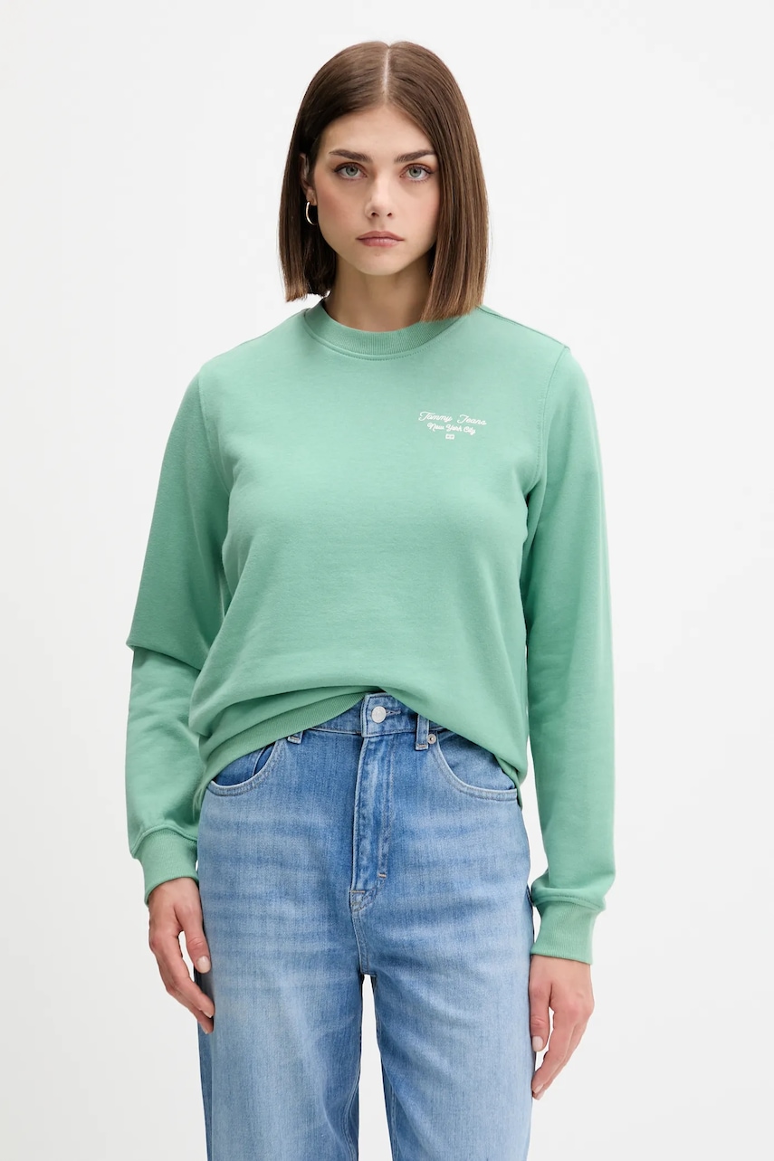 Levně Bavlněná mikina Tommy Jeans dámská, zelená barva, s potiskem, DW0DW21960