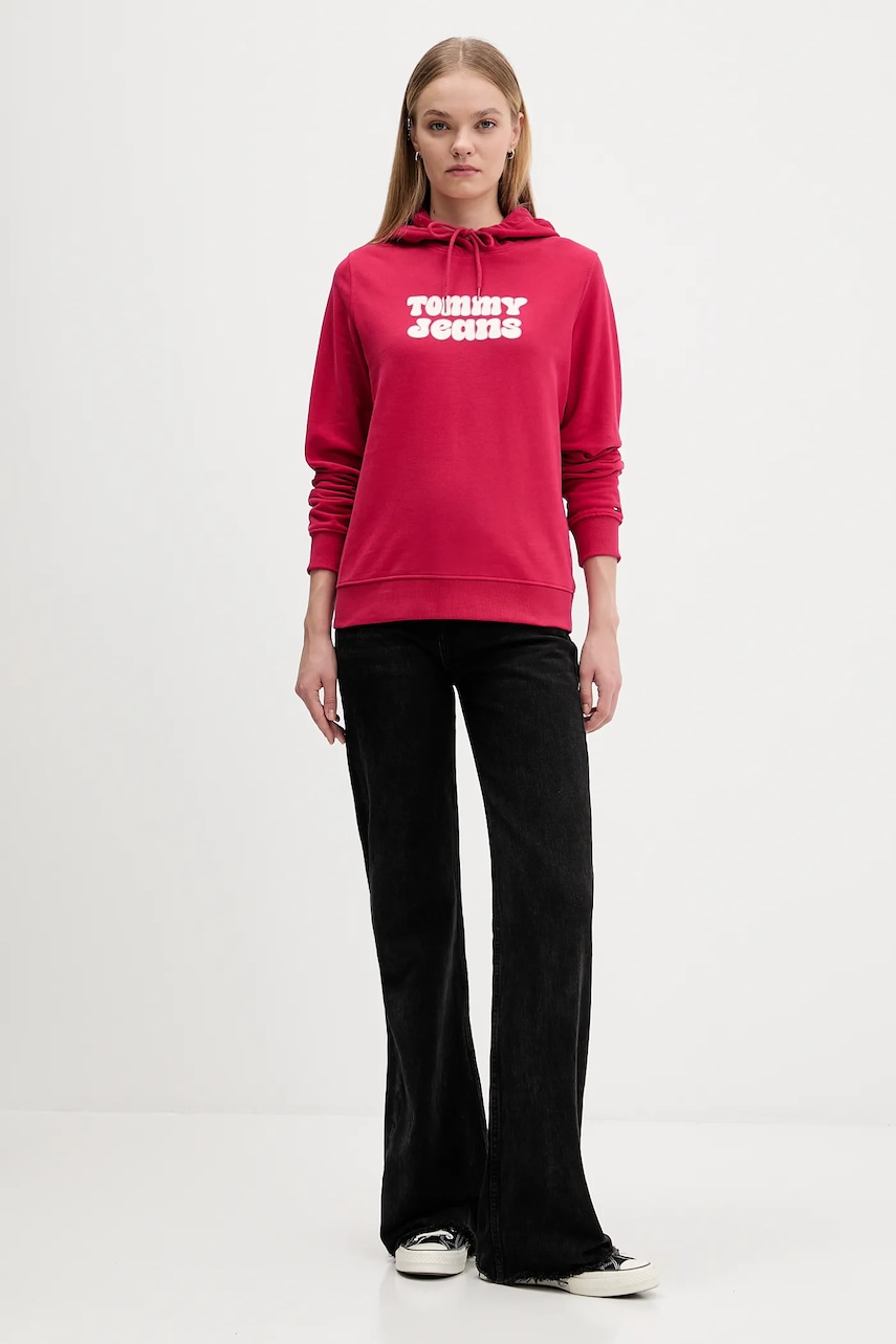 Хлопковая кофта Tommy Jeans цвет розовый с капюшоном с принтом DW0DW21962 Хлопковая кофта Tommy Jeans цвет розовый с капюшоном с принтом DW0DW21962