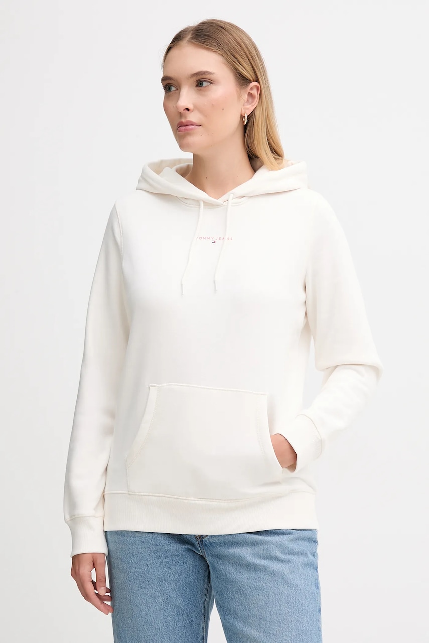 Levně Mikina Tommy Jeans dámská, béžová barva, s kapucí, s potiskem, DW0DW21963