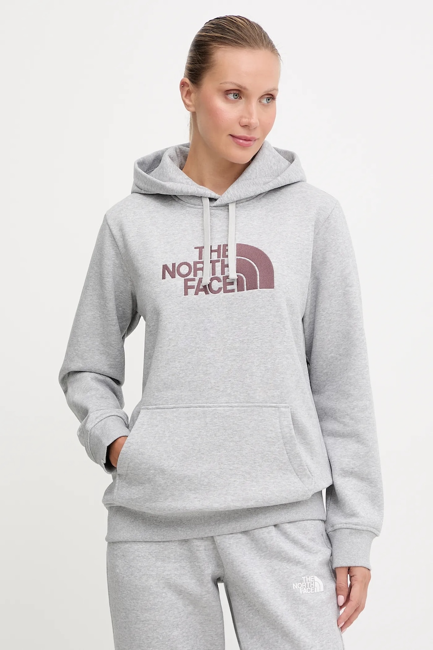 The North Face bluză Drew Peak culoarea gri, cu glugă, cu imprimeu, NF0A89EHFB31