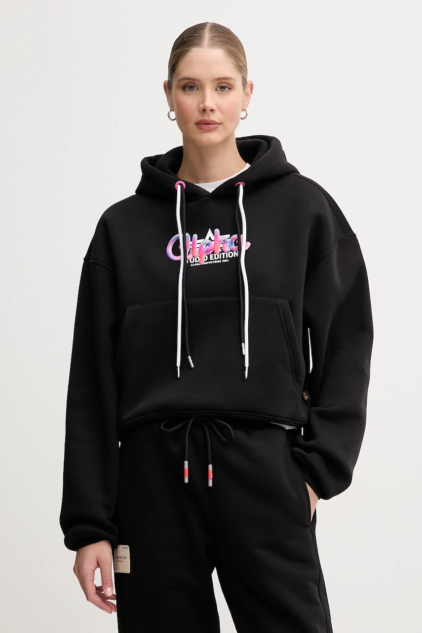 Alpha Industries bluză culoarea negru, cu glugă, cu imprimeu, 258042.03